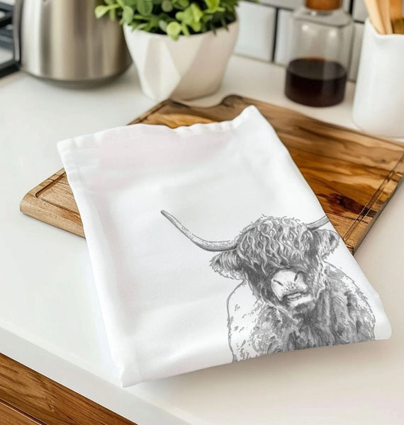 Highland cow tea towel